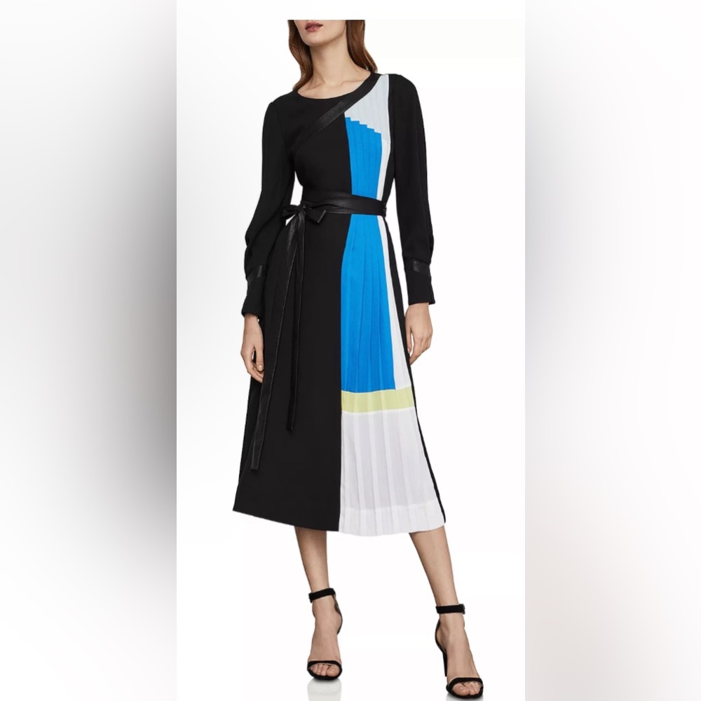 BCBGMAXAZRIA Color-Block Pleated Midi Dress